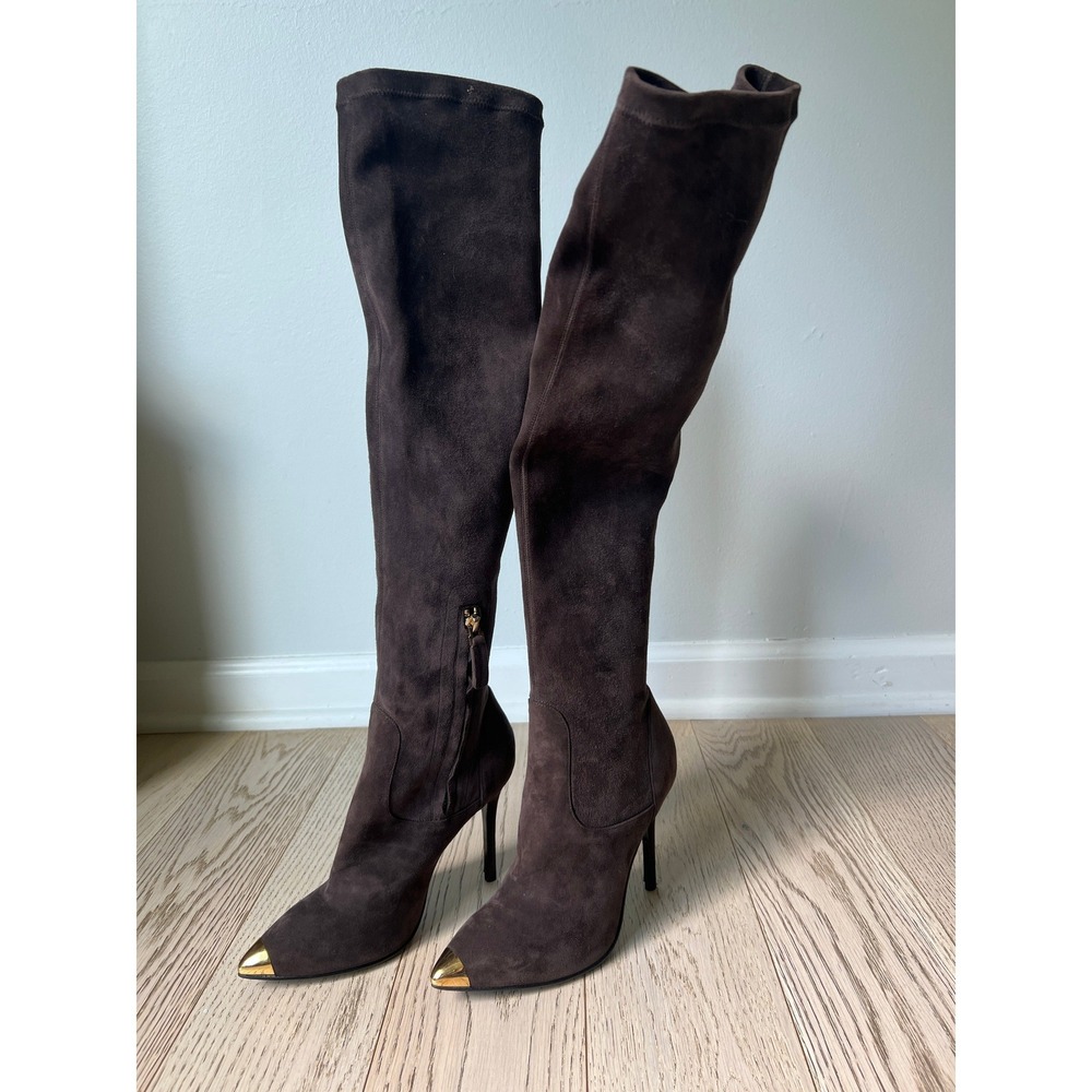 BALDAN Italy Brown Suede Over-The-Knee Boots Gold Cap Toe Stiletto 36 NWOB